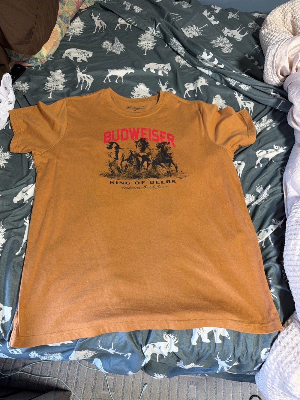 Budweiser Orange Crewneck Tee with Red Print